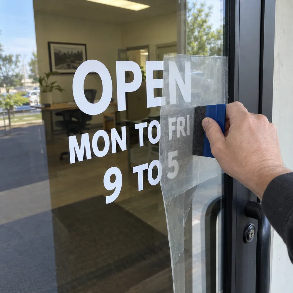 Hours going on a glass door