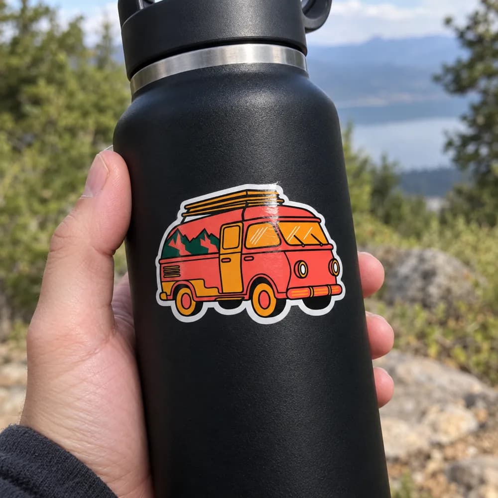 Camper van on a water bottle