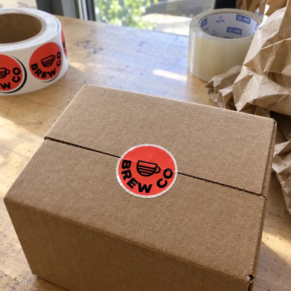 Box sealed with a logo sticker, Out in the wild