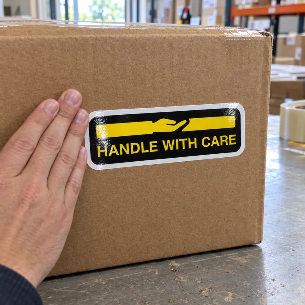 Handle with care on a box, Rectangle Stickers