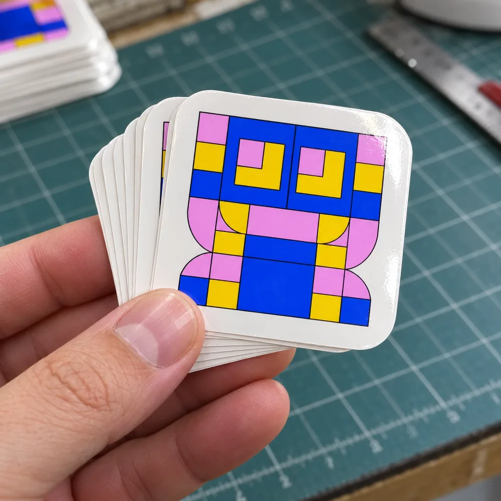 Pixel robot squares, held, Square Stickers