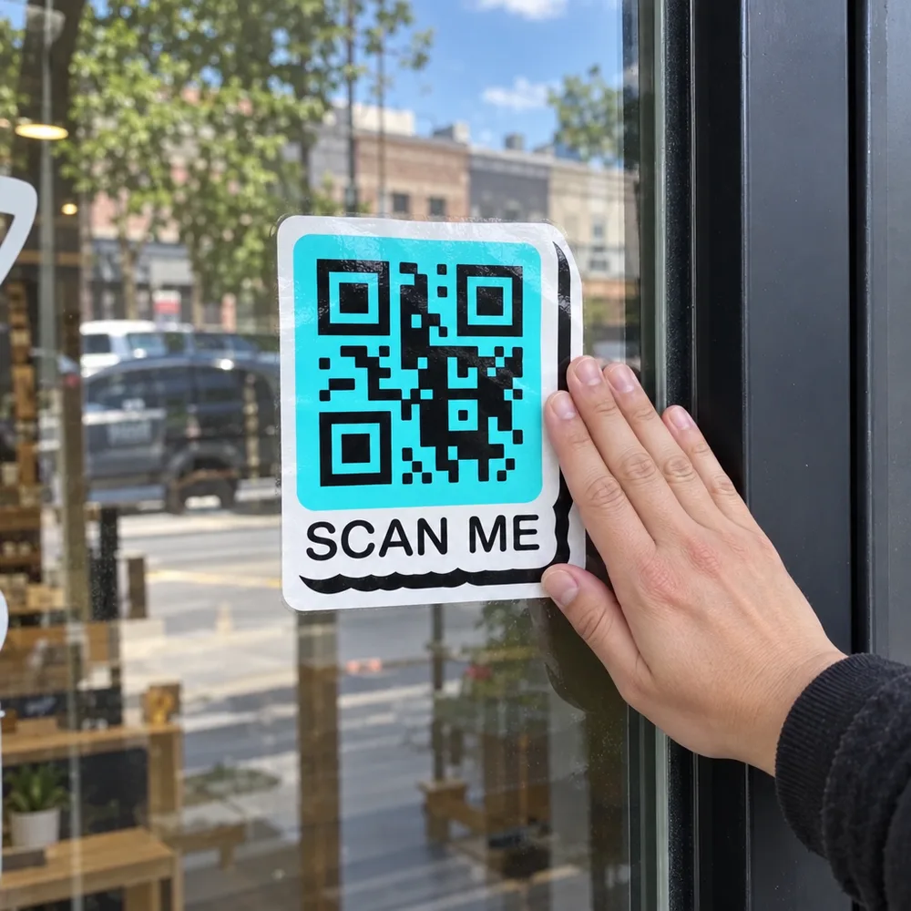 QR square on a shop door, Square Stickers
