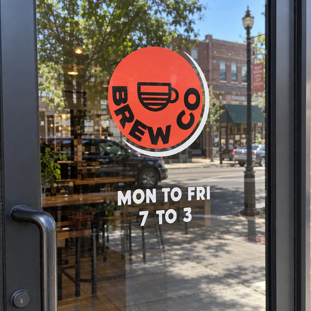 Door logo with hours lettering, Window Decals